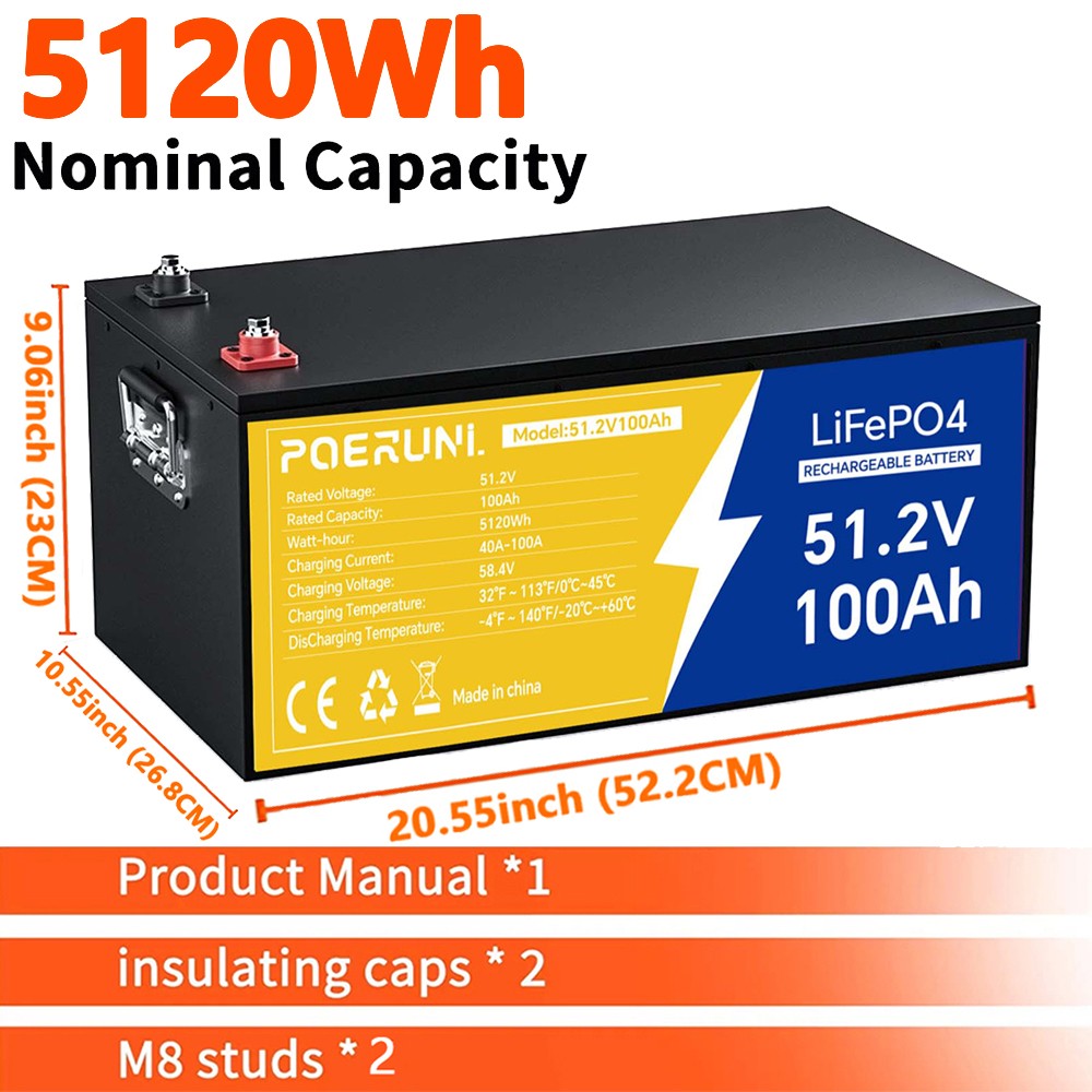 POERUNI 48V 100AH LiFePO4 Lithium Battery with 20A Charger Metal Case Golf Cart