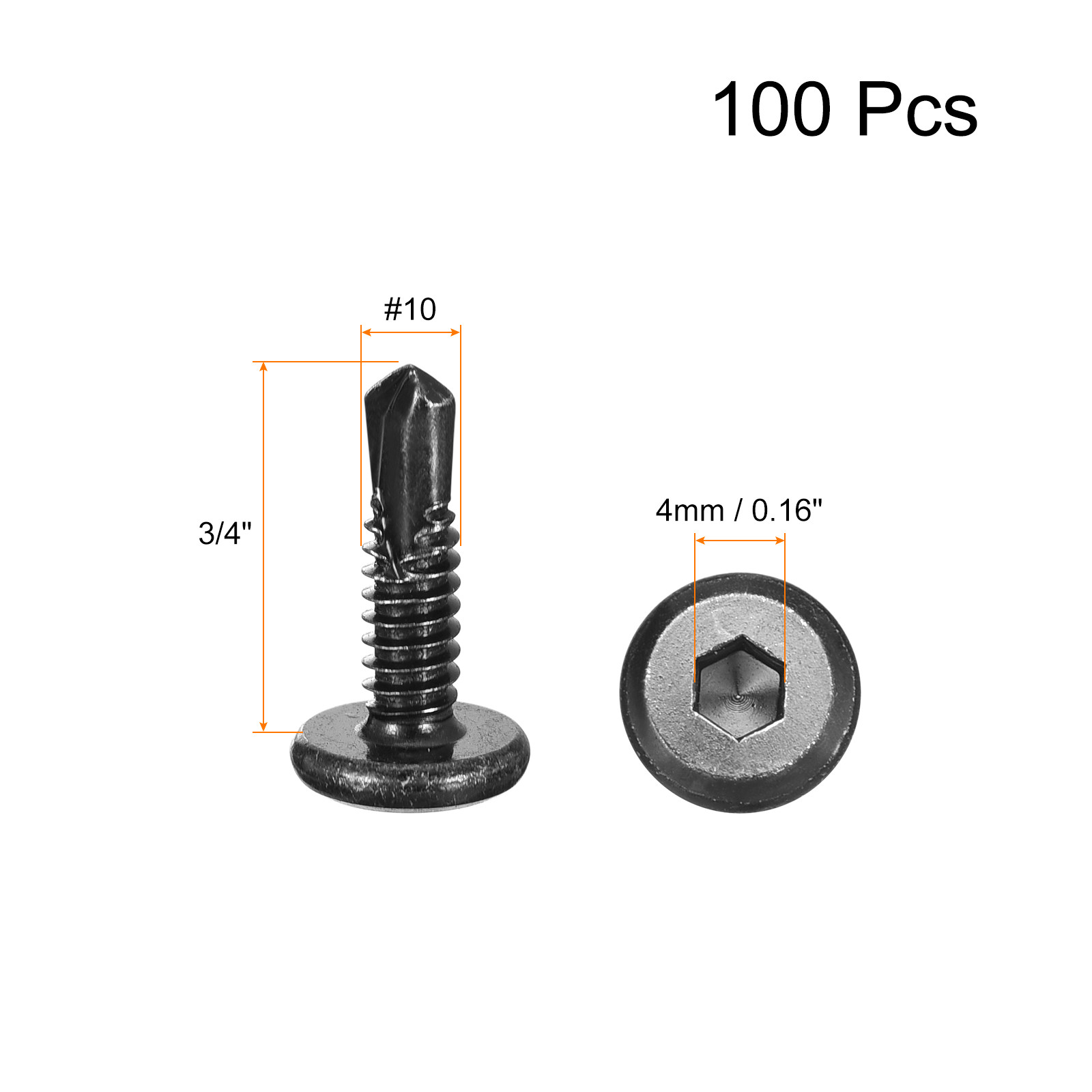 100pcs Hex Socket Self Tapping Screws #10 x 3/4″ 410 Stainless Steel Black