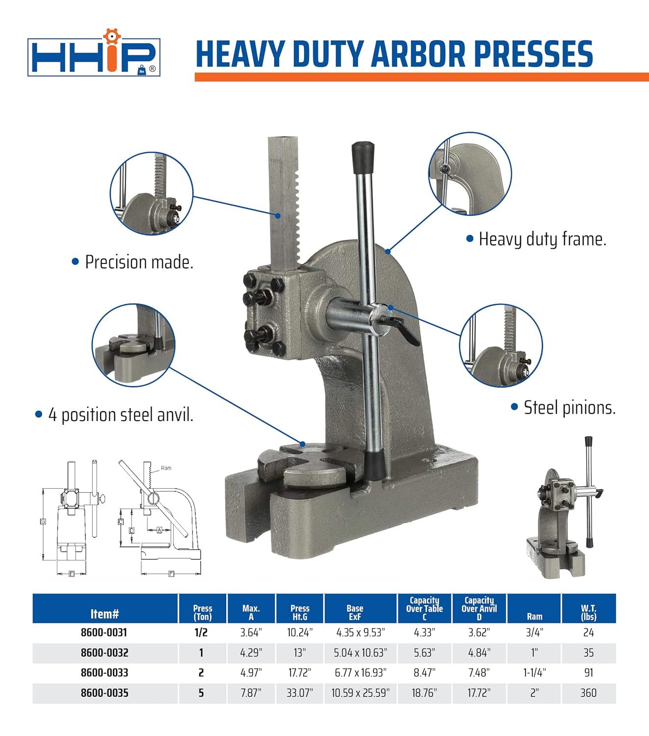 Hhip 1 2 Ton Heavy Duty Arbor Press Precision Metal Working Tool