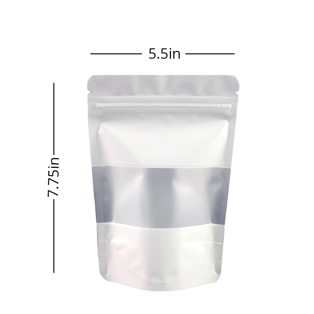 5.5×7.75in White Foil Mylar Matte Stand Up Zip Lock Bag w/ Window & Machine