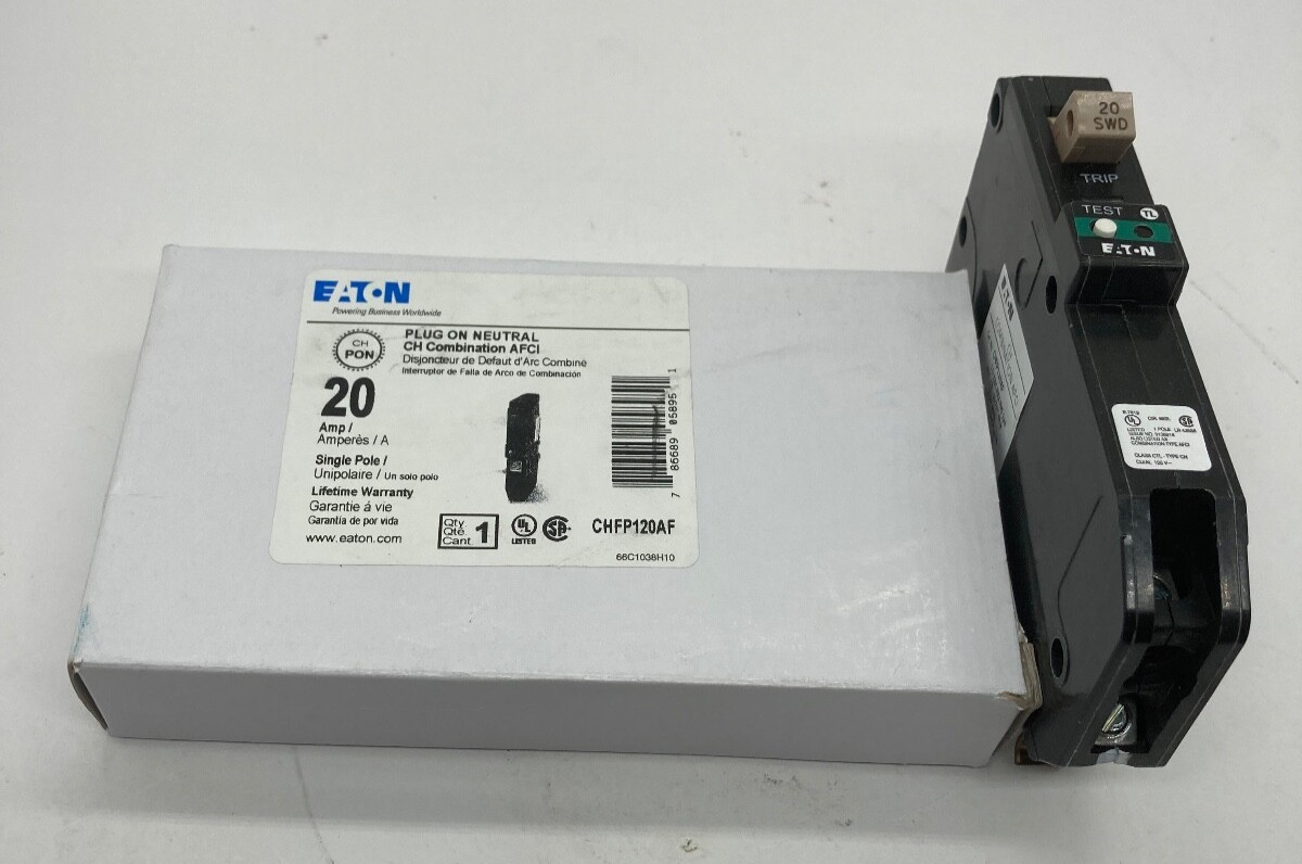 New Eaton CHFP120AF 20 Amp 1 Pole 120V Plug On Neutral Combination AFCI Breaker