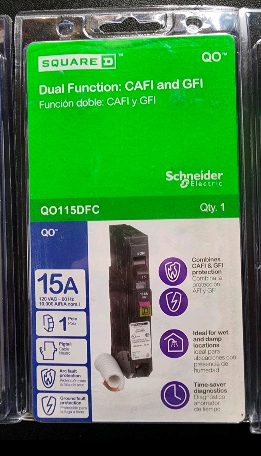 Lot of 6 Square D QO115DFC 15 Amp Dual Function 1-Pole Pigtail Breakers GFI CAFI