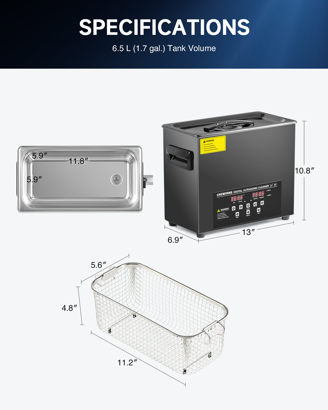 CREWORKS 6L Ultrasonic Cleaner Titanium Steel 500W Heater w/ Degas & Gentle Mode