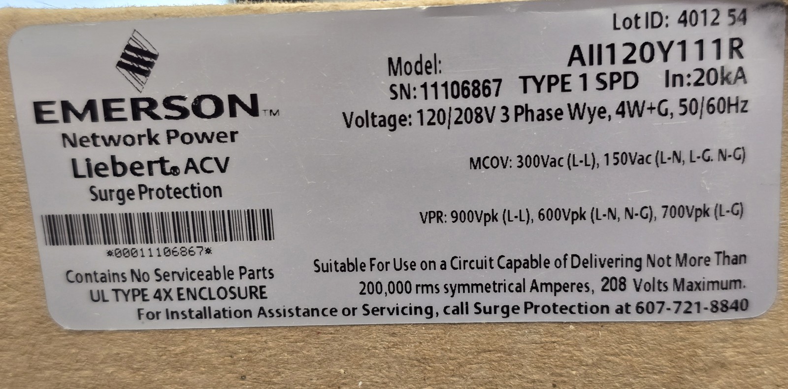 Emerson AII120Y111R ACV Surge Protective Device 3PH 120/208V 20kA Type 1 SPD 4X