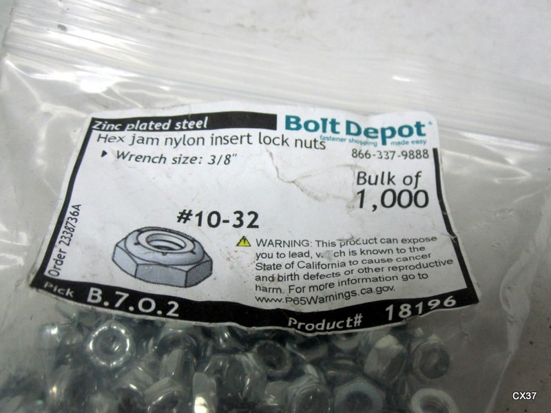 1000 Pack of #10-32 Nylon Insert Hex Lock Nuts Grade 2 Zinc Plated Steel