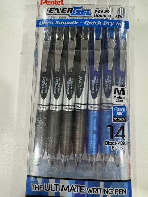 NEW 14 Pentel EnerGel RTX Retractable Liquid Gel Pen 0.7mm Med. BLACK BLUE SEALE