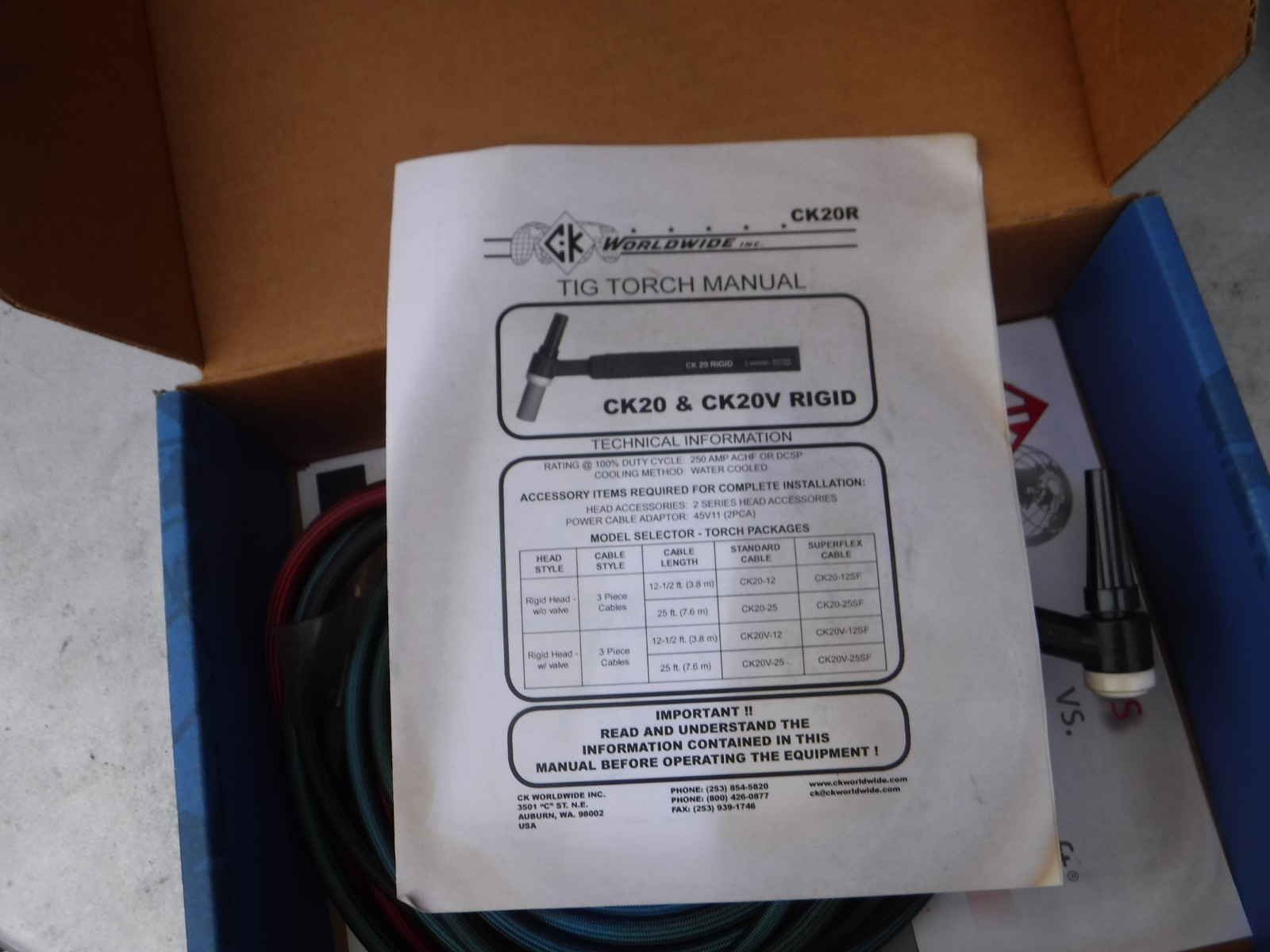 CK20 Water Cooled TIG Torch Kit Flex 250A 12.5′ 3-Pc Super-Flex CK20-12SF FX USA