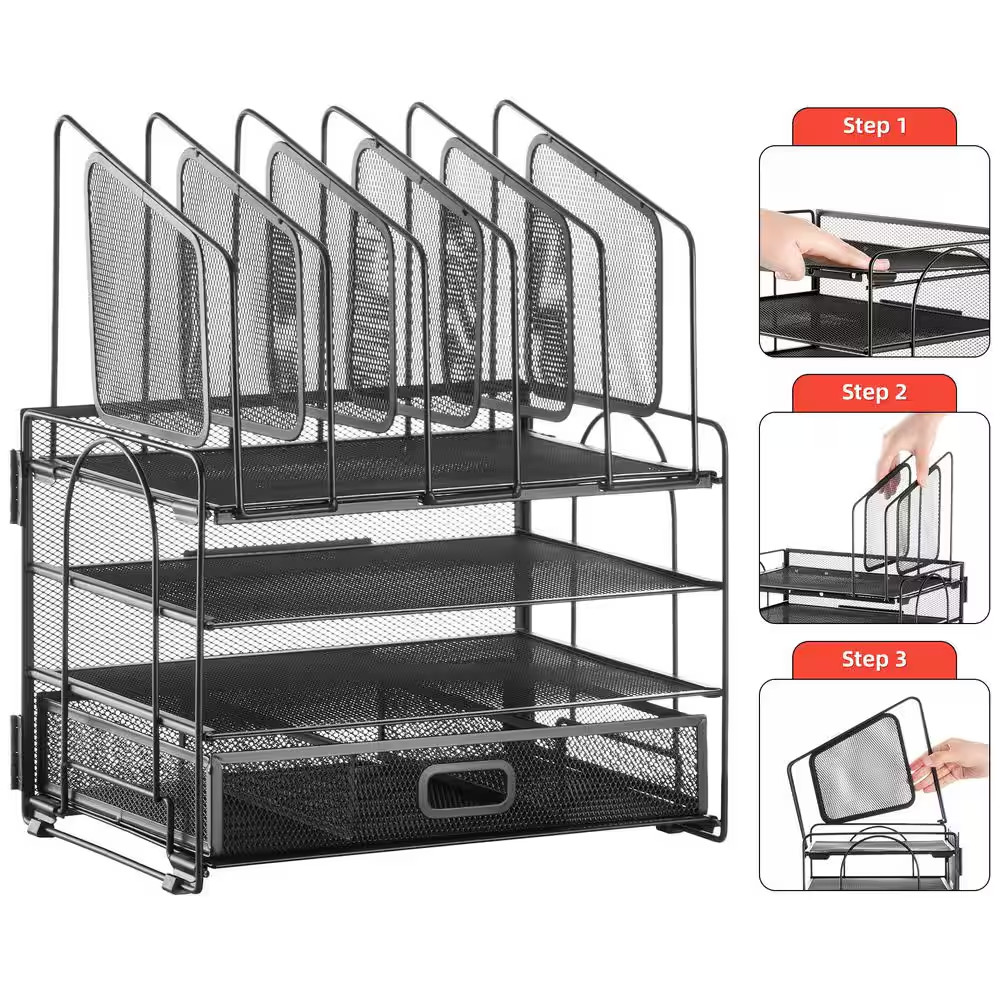12.85″ X 16.14″ Black Metal Desktop Organizer – 4-Tier Mesh File Organizer (With