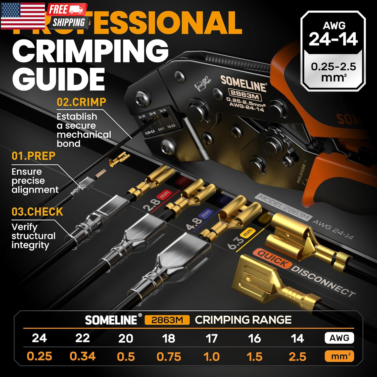 Spade Terminal Crimping Tool Kit AWG 24-14, 24 Types 2.8/3.9/4.8/6.3 Mm Male & F
