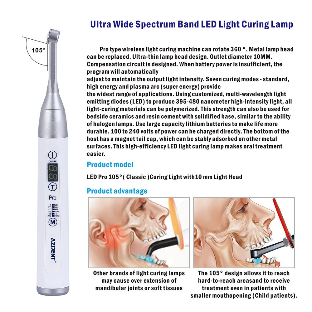 AZDENT Dental 105° Wireless LED Curing Light Lamp 1 Second Curing Wide Spectrum