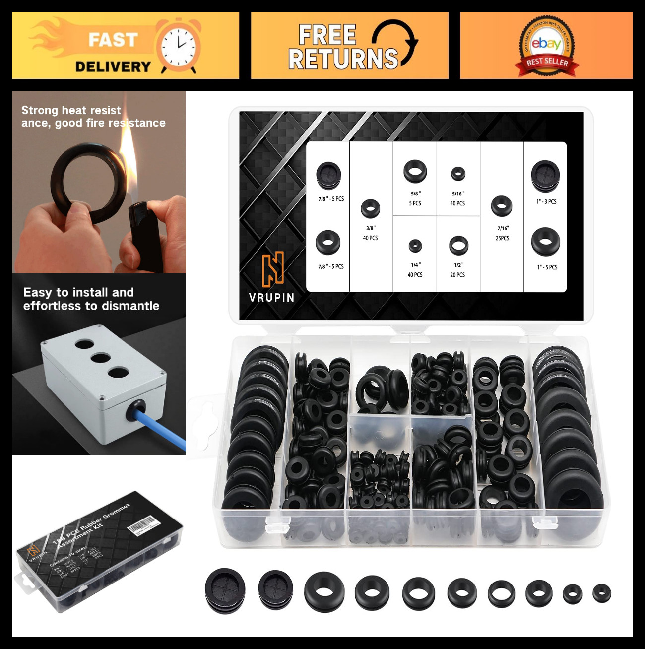 188 Pcs Rubber Grommets Kit – Assorted Sizes for Wiring & Sealing – 10 Sizes