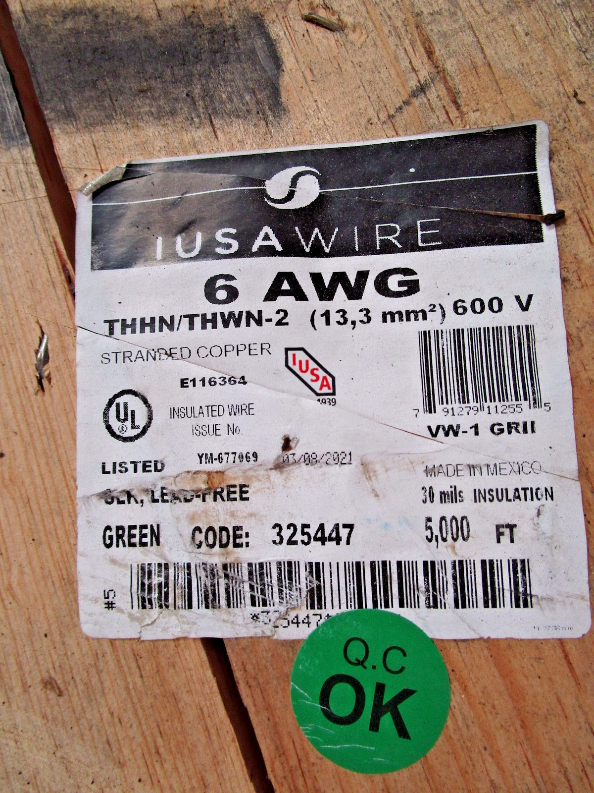 IUSA WIRE 6 AWG THHN/THWN-2 600V ~ STRANDED COPPER #E116364 – QTY. 5,000 FEET
