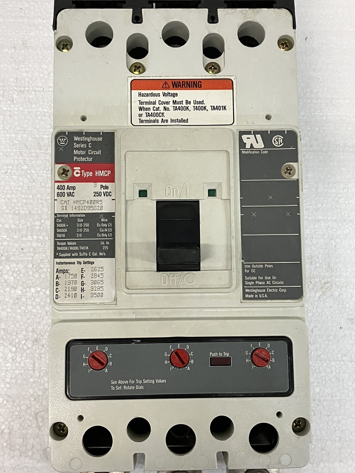 Westinghouse HMCP400R5 Circuit Breaker 400A 3 Pole 600VAC