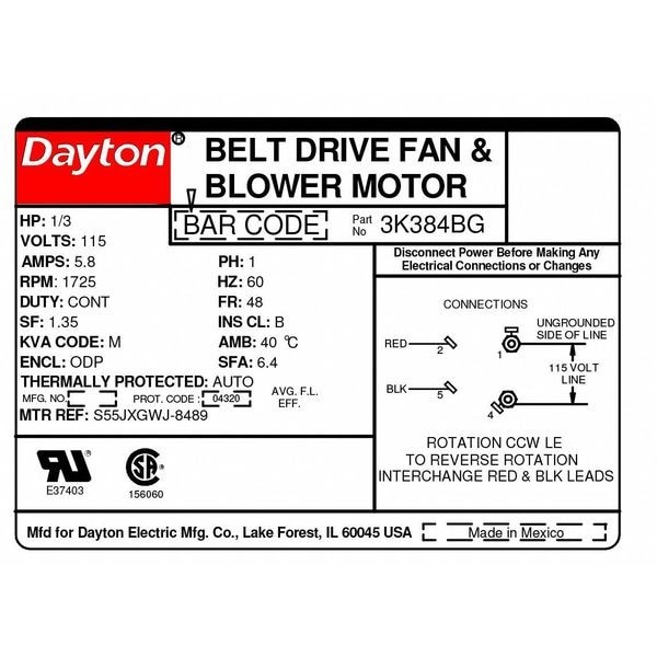 Dayton 3K384 Split-Phase Belt Drive Motor, 1/3 Hp, 48 Frame, 115V Ac Voltage,