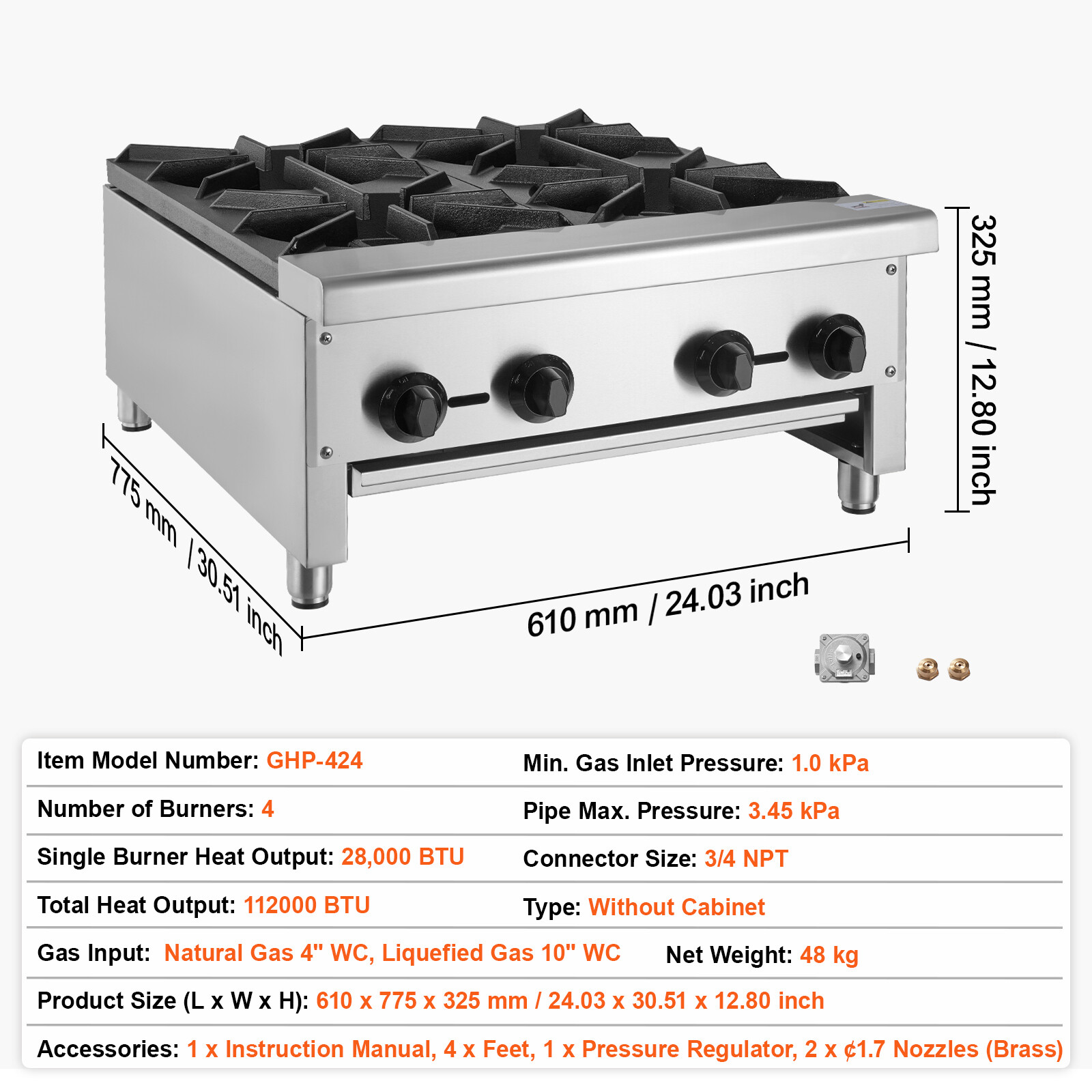 VEVOR 24″ Commercial Gas Stove 4 Burners Countertop Cooking Hot Plate Propane