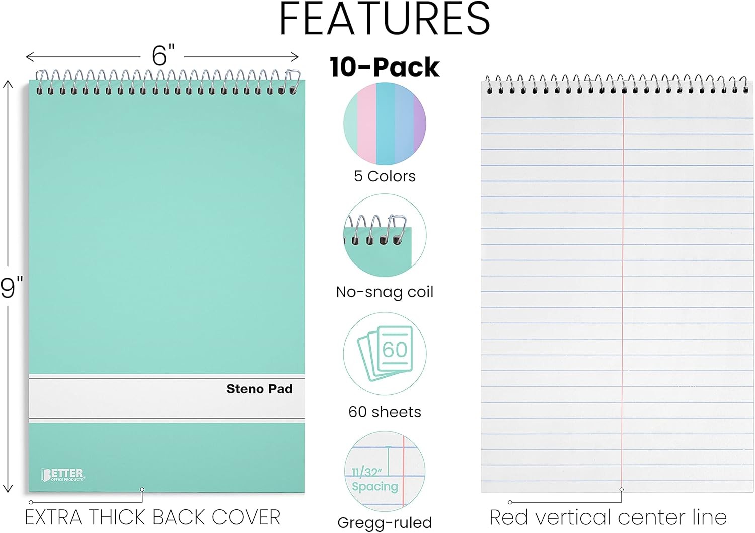 Better Office Products Spiral Steno Pads, 10 Pack, 6 x 9 inches, 80 Assorted