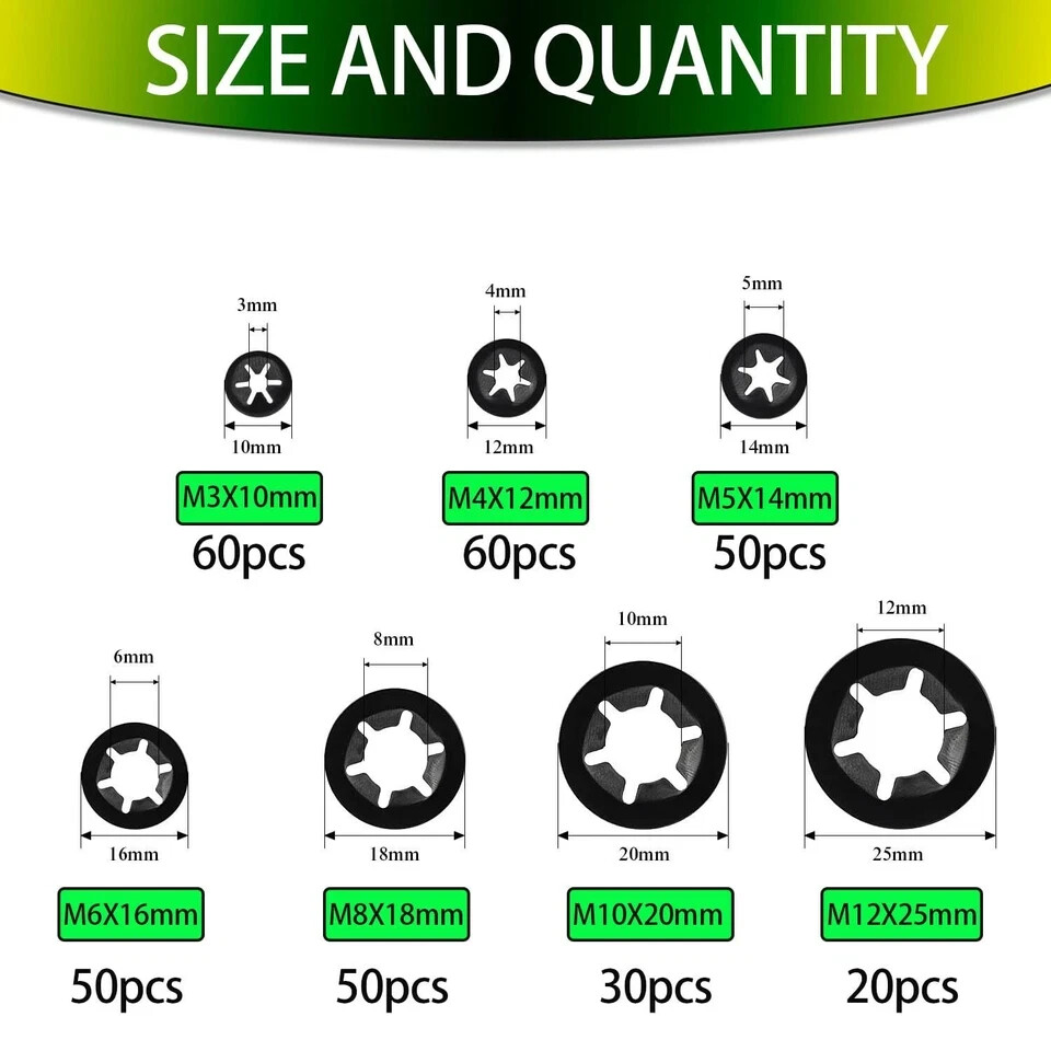 320 Pieces 7 Sizes Push Nuts Assortment,Internal 320 pieces 7 Sizes, Black
