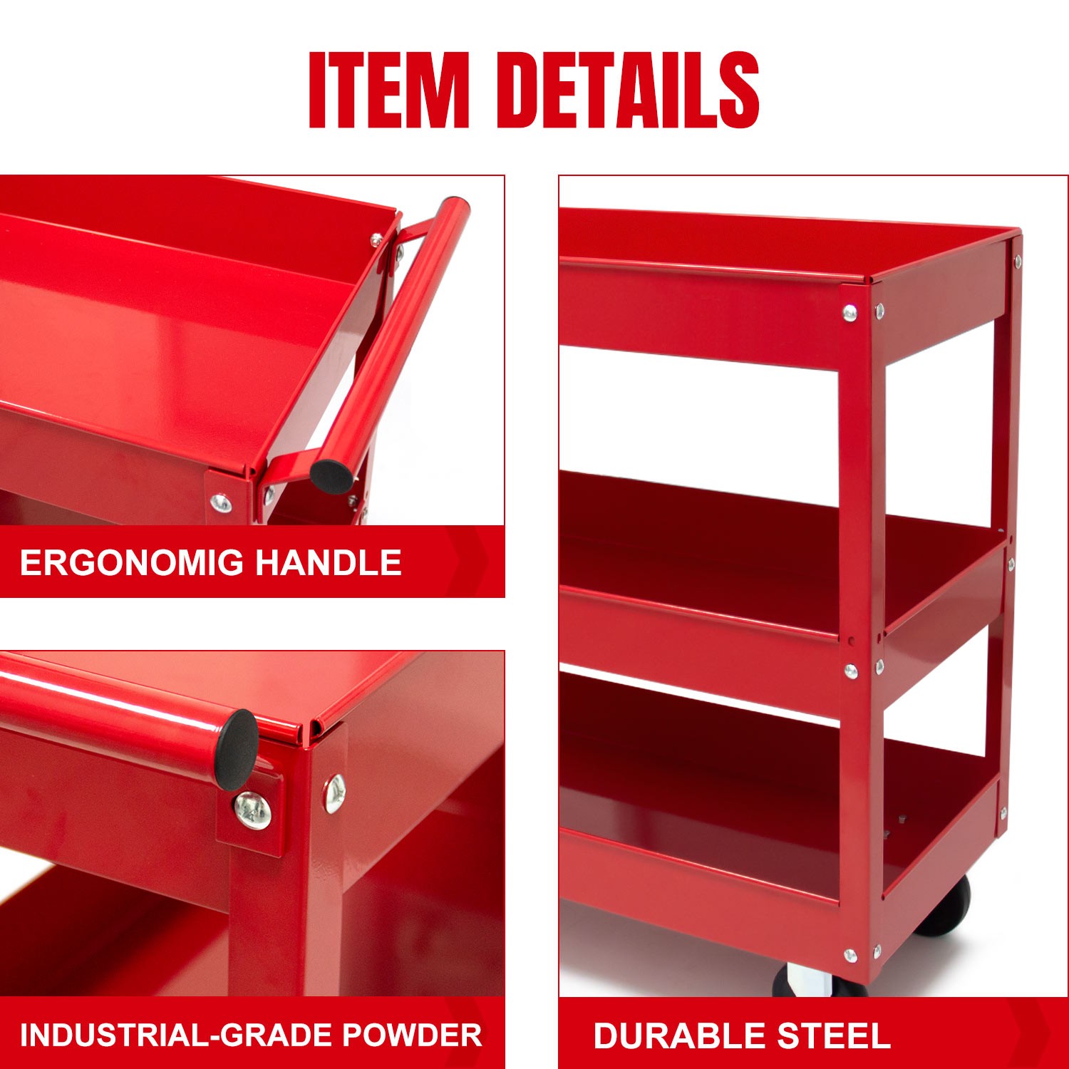 400LBS Steel 3-Shelf Rolling Multipurpose Service Tool Cart for Garage Home