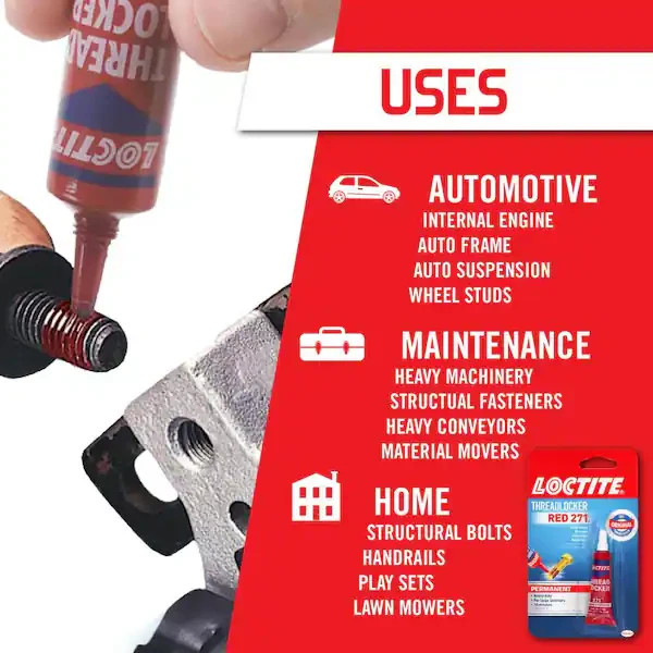 Loctite Nut & Bolt Threadlocker Red 271 Permanent Heavy Duty Adhesive, 6 ml