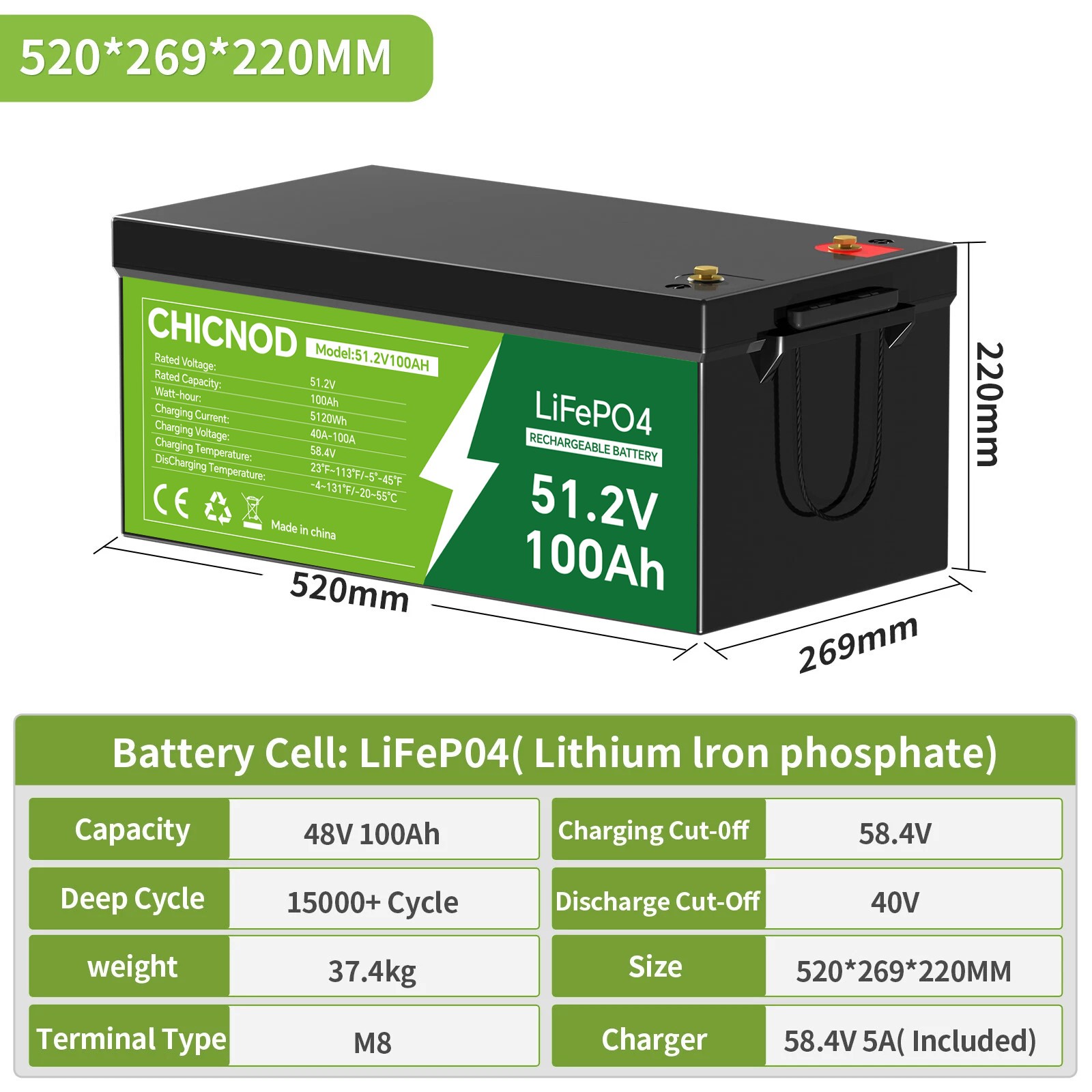 Bluetooth LiFePO4 Battery 51.2V 100Ah Golf Car Solar RV Backup Power BMS CHICNOD