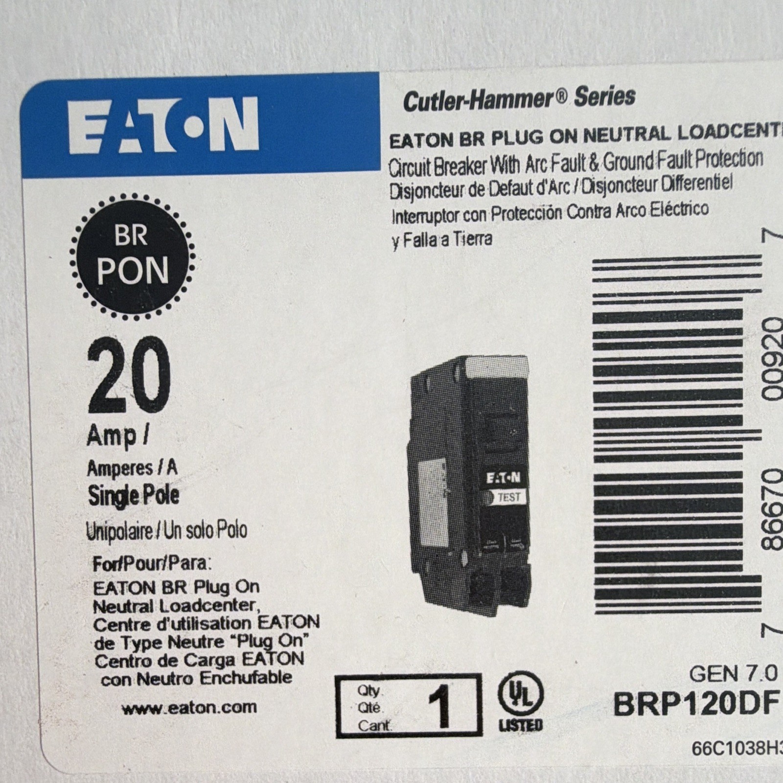 Lot 10 Eaton BRP120DF AFCI/GFCI Breaker 20A 120V 1-Pole Plug-On Neutral