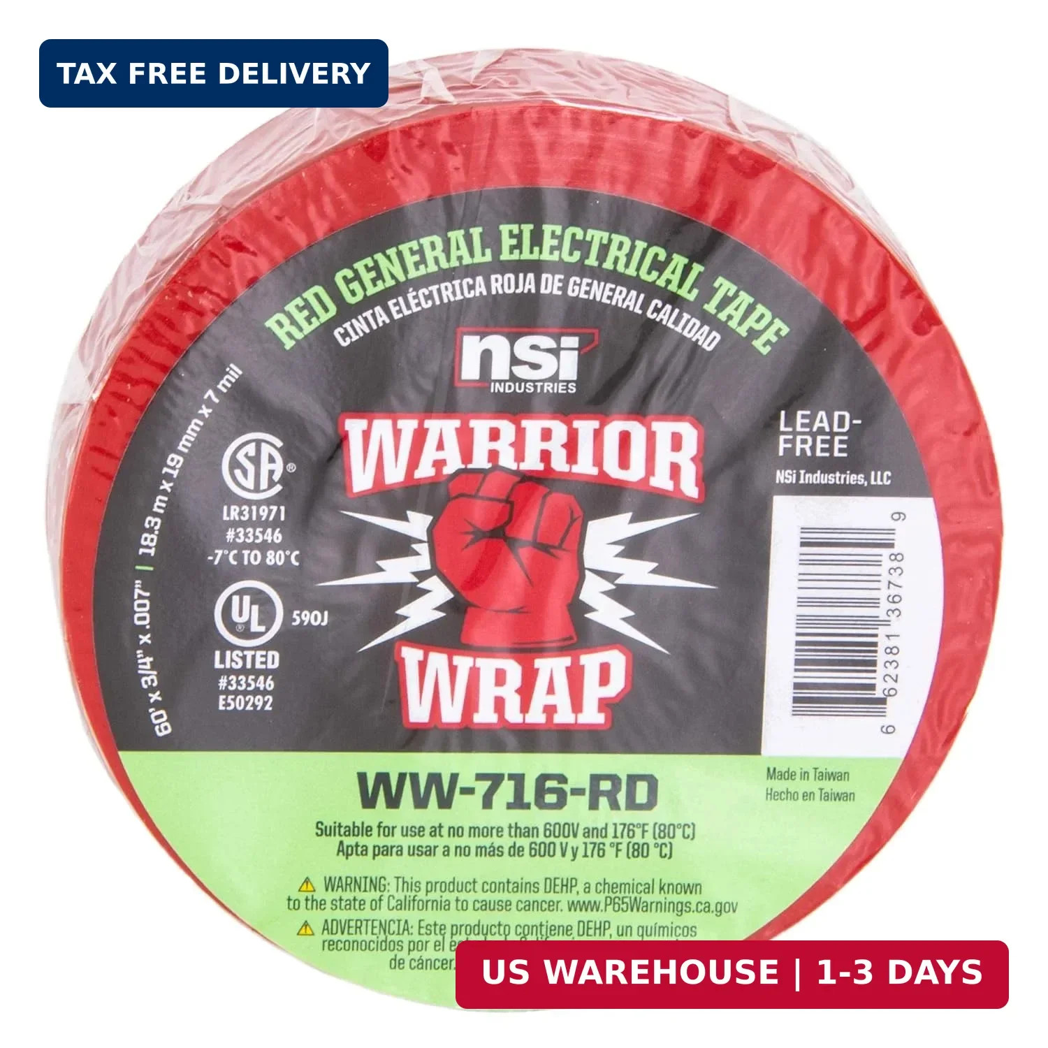 WarriorWrap General 3/4 in. x 60 ft. 7 mil Vinyl Electrical Tape, Red