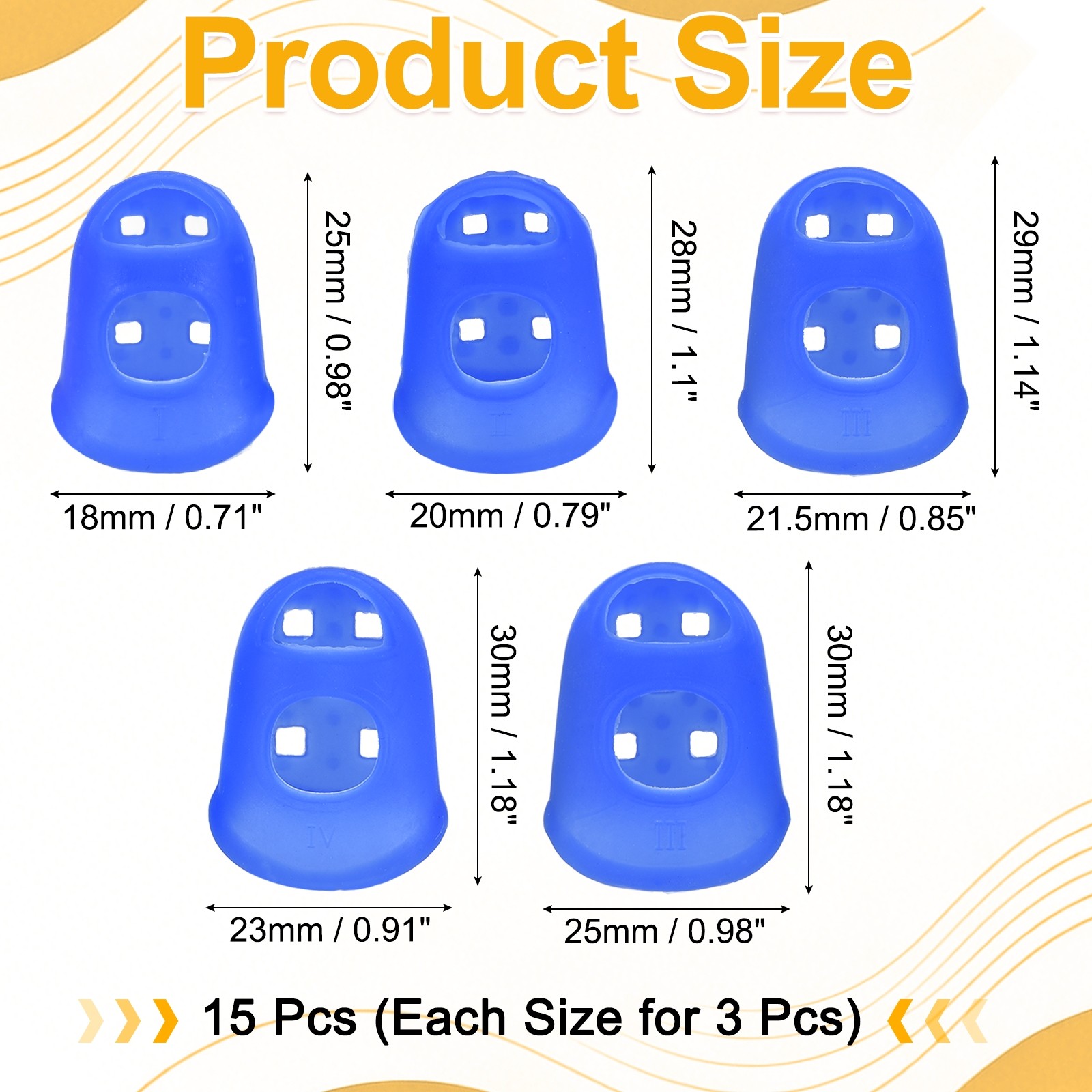 15 Pcs Silicone Finger Tips, 18/20/21.5/23/25mm Reinforced Finger, Dark Blue