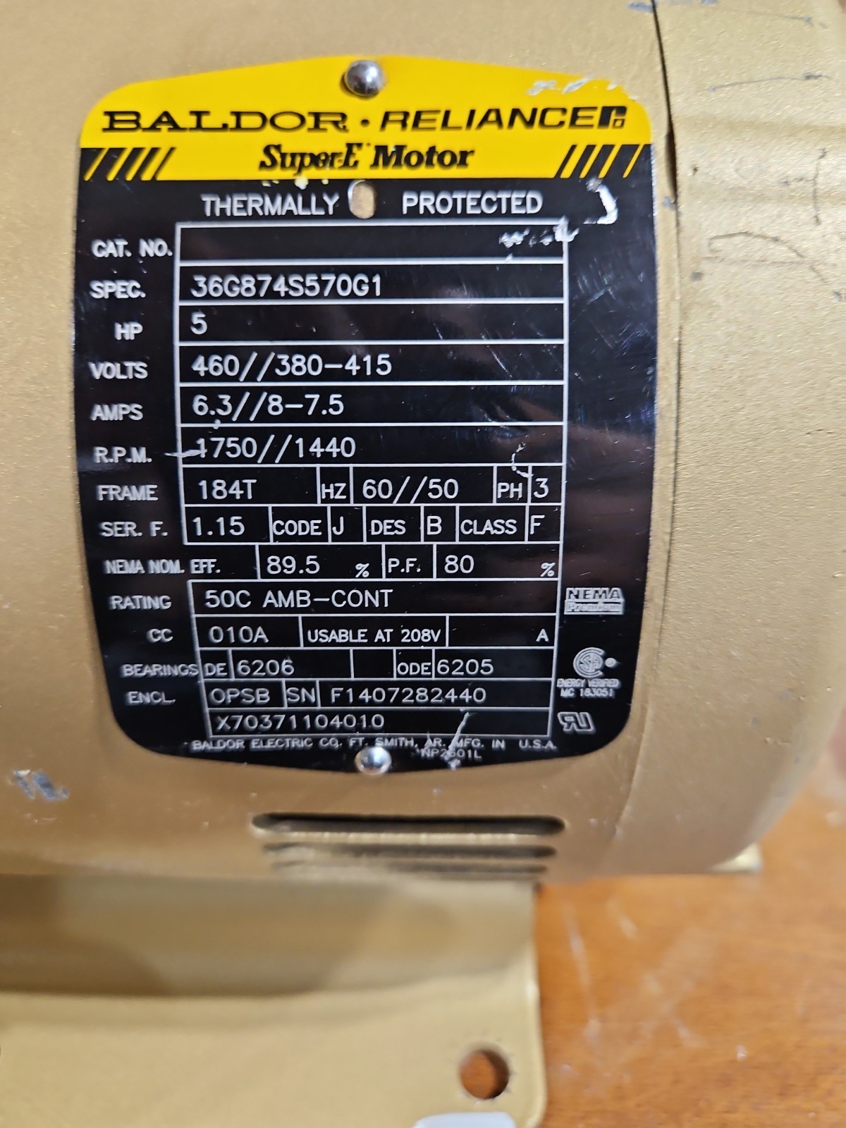 Baldor Reliance 5HP Super E: EM3218T Ac Motor 460 380-415. 1750rpm Frame:184t