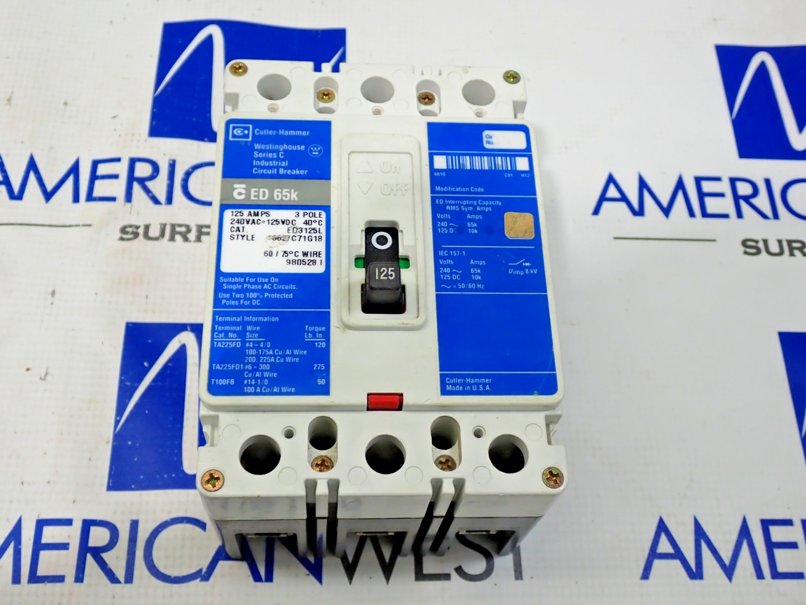 Cutler Hammer Westinghouse ED3125L 125 Amp 240V 3 Pole ED 65K Circuit Breaker