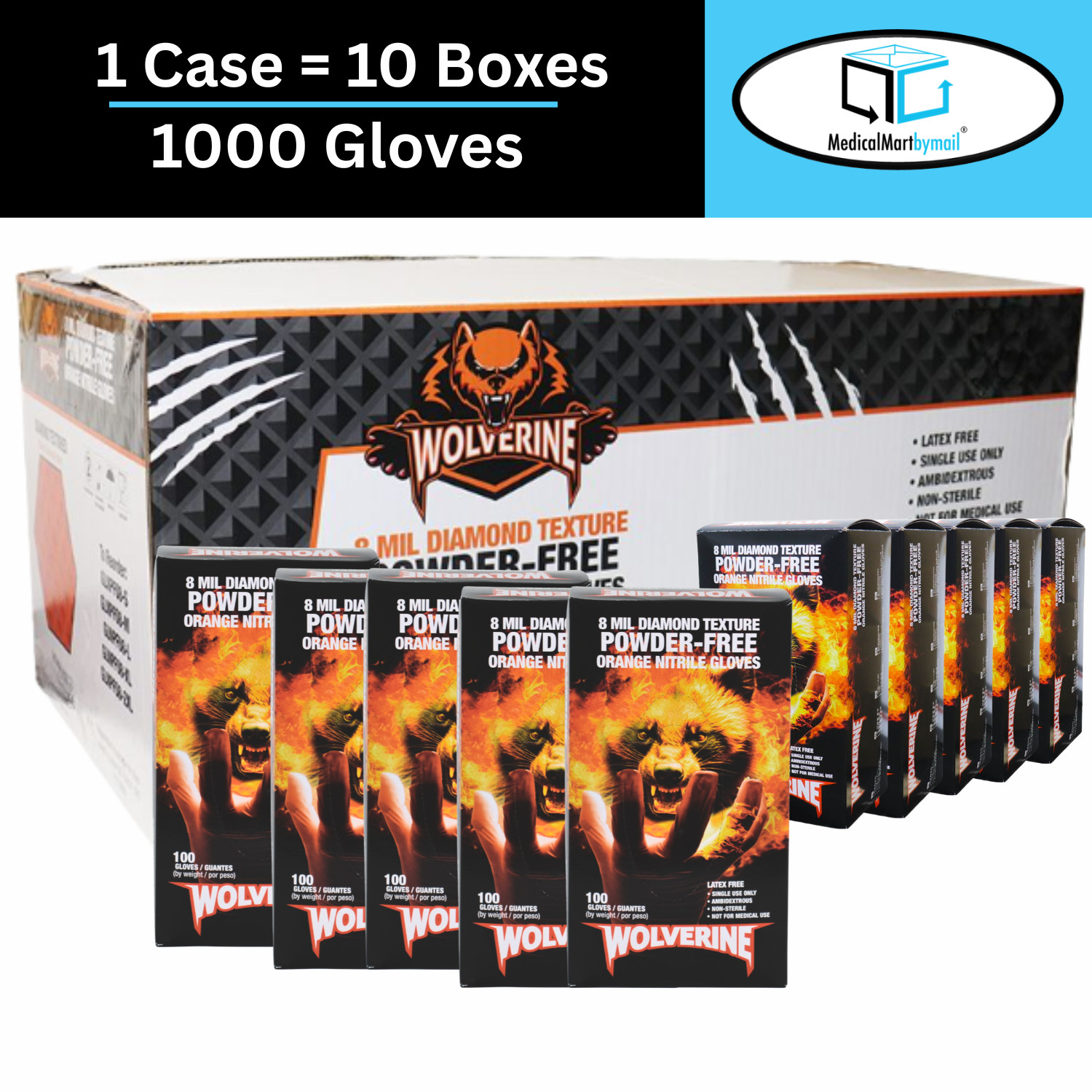 Wolverine Orange Nitrile Gloves, 8 Mil, Raised Diamond Texture 1000 Pcs Medium