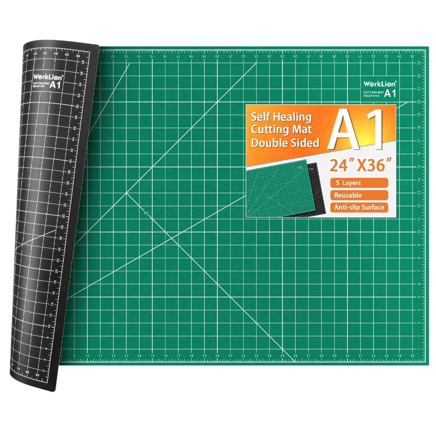 WORKLION Self Healing Cutting Mat: 24 x 36 inch 36″L x 24″W, Black/Green