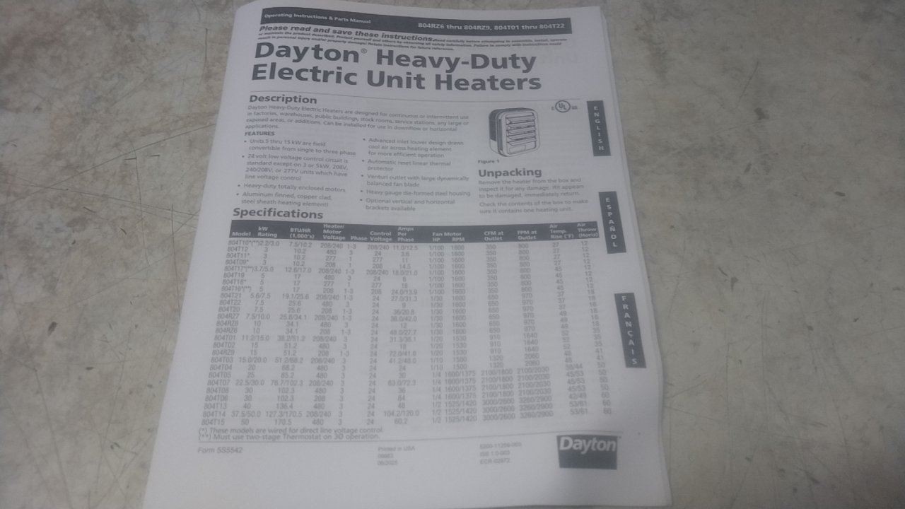 Dayton 804T17 208/240VAC 350 CFM Electric Wall & Ceiling Unit Heater