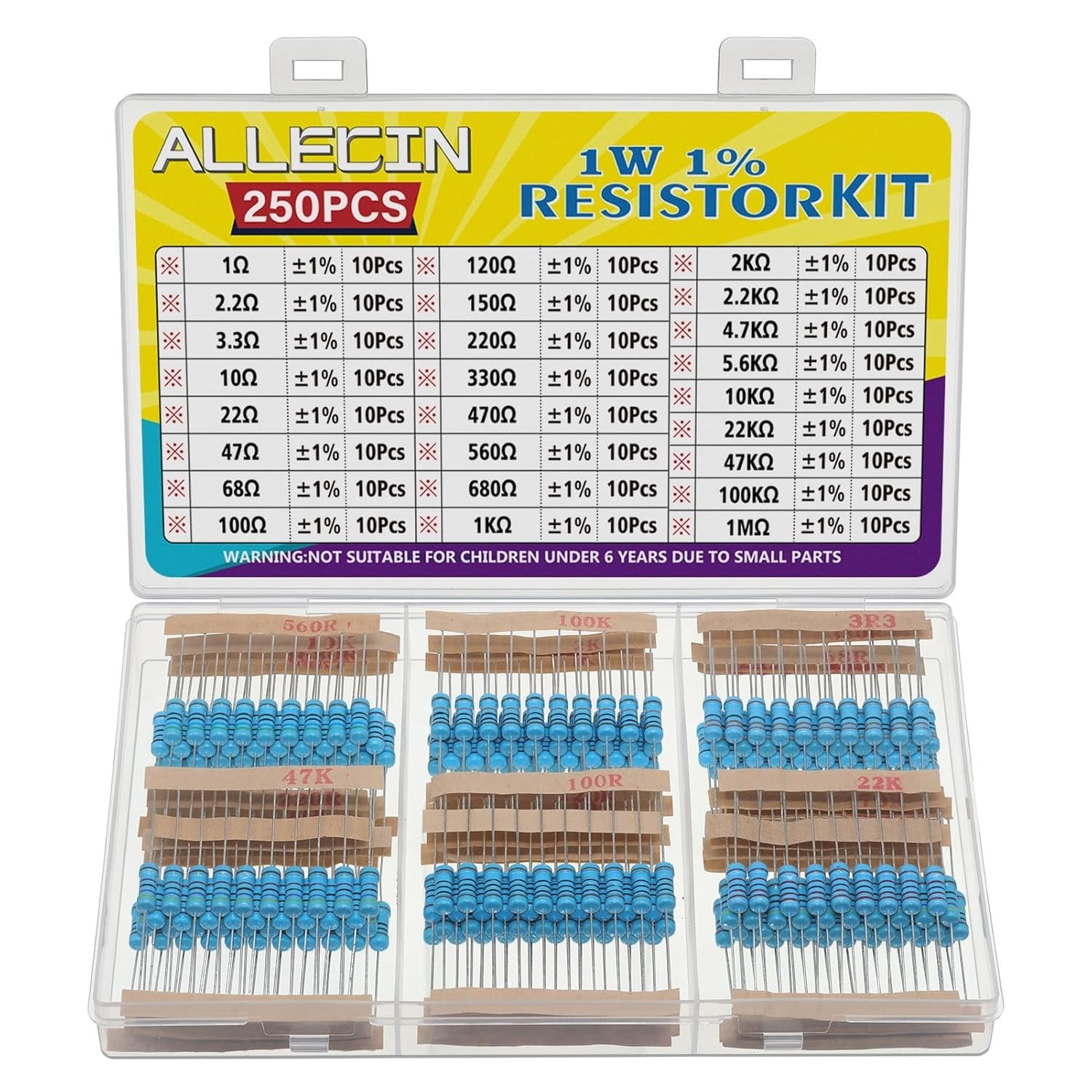 25 Values 1W Metal Film Resistor Kit 1 Ohm to 1M Ohm 1 Watt 1% Assortment 125pc