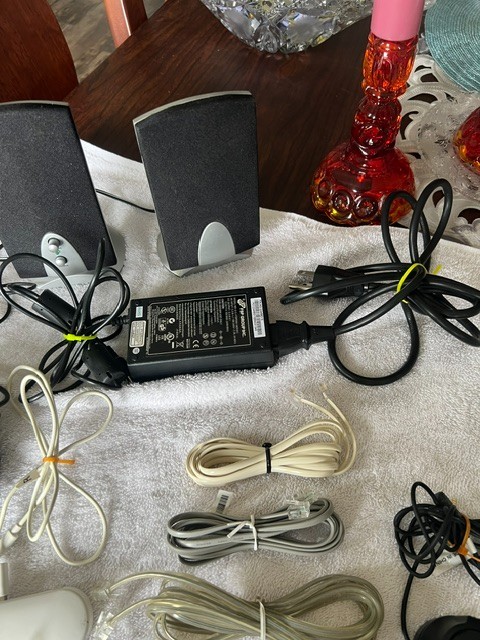 LOT OF MISC COMPUTER / PHONE / TV CABLES WIRES SPEAKERS CHARGERS