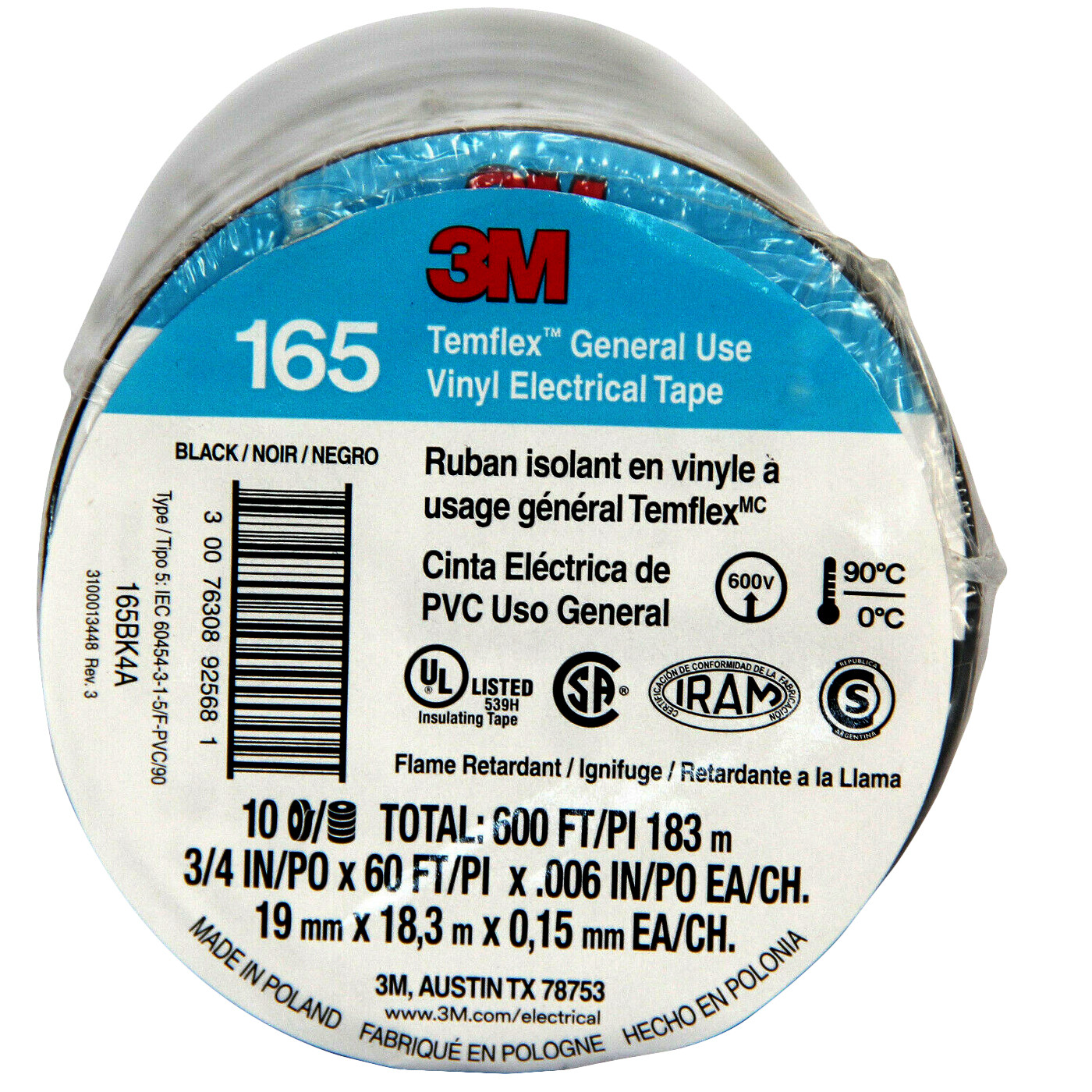 3M Temflex Vinyl Electrical Tape 165 Multi-purpose 3/4″ X 60FT Black 10 Roll