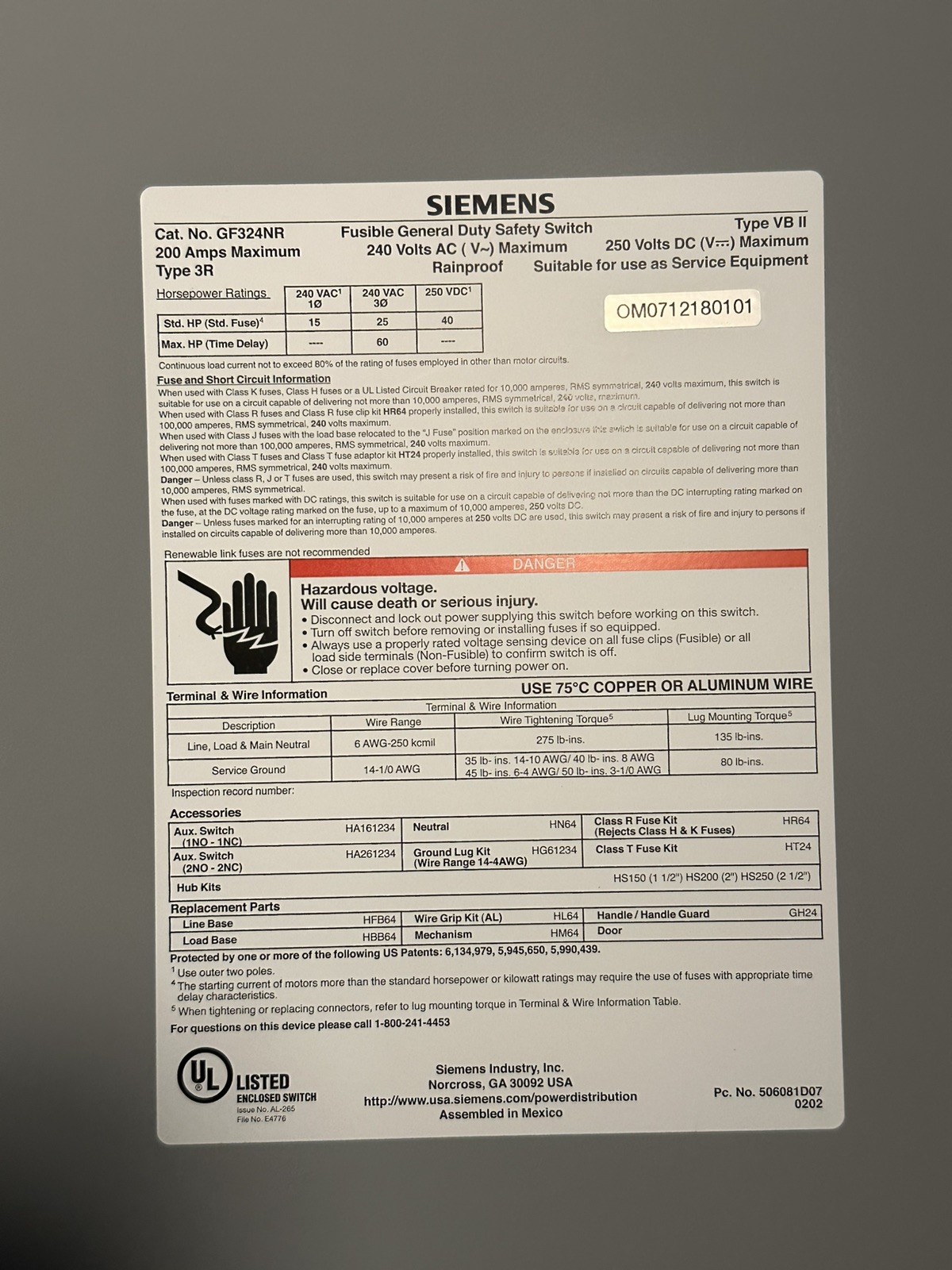 Siemens GF324NR Safety Switch 200A 240V 3P 4W Fused NEMA 3R