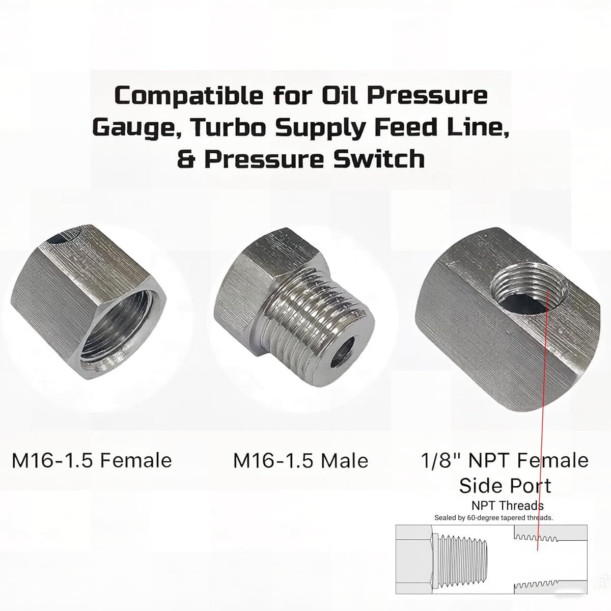 M16 1.5 to 1/8 NPT Tee Oil Pressure Sensor Adapter Stainless Steel for Turbo Fee