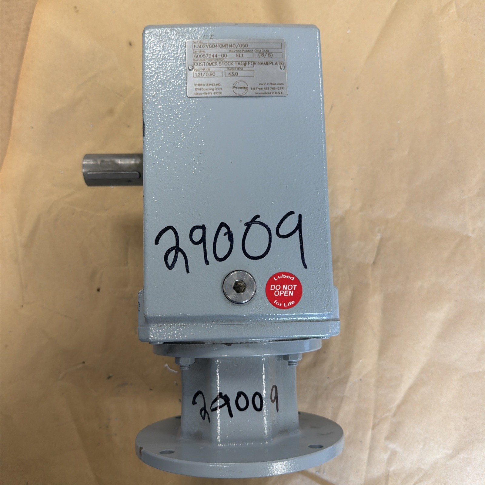 Stober K302VG0410MR140/050 Gear Reducer Ratio: 41:1, Input HP 1.21