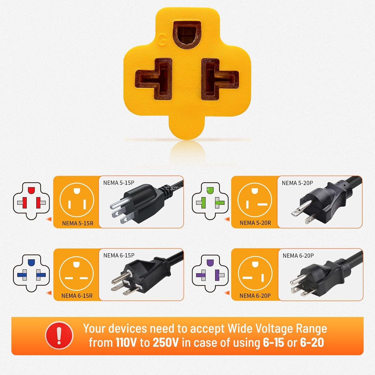 Household 15A to 20A T-Blade Adapter 12AWG NEMA 5-15P to 5-15R/20R 6-15R/20R ETL