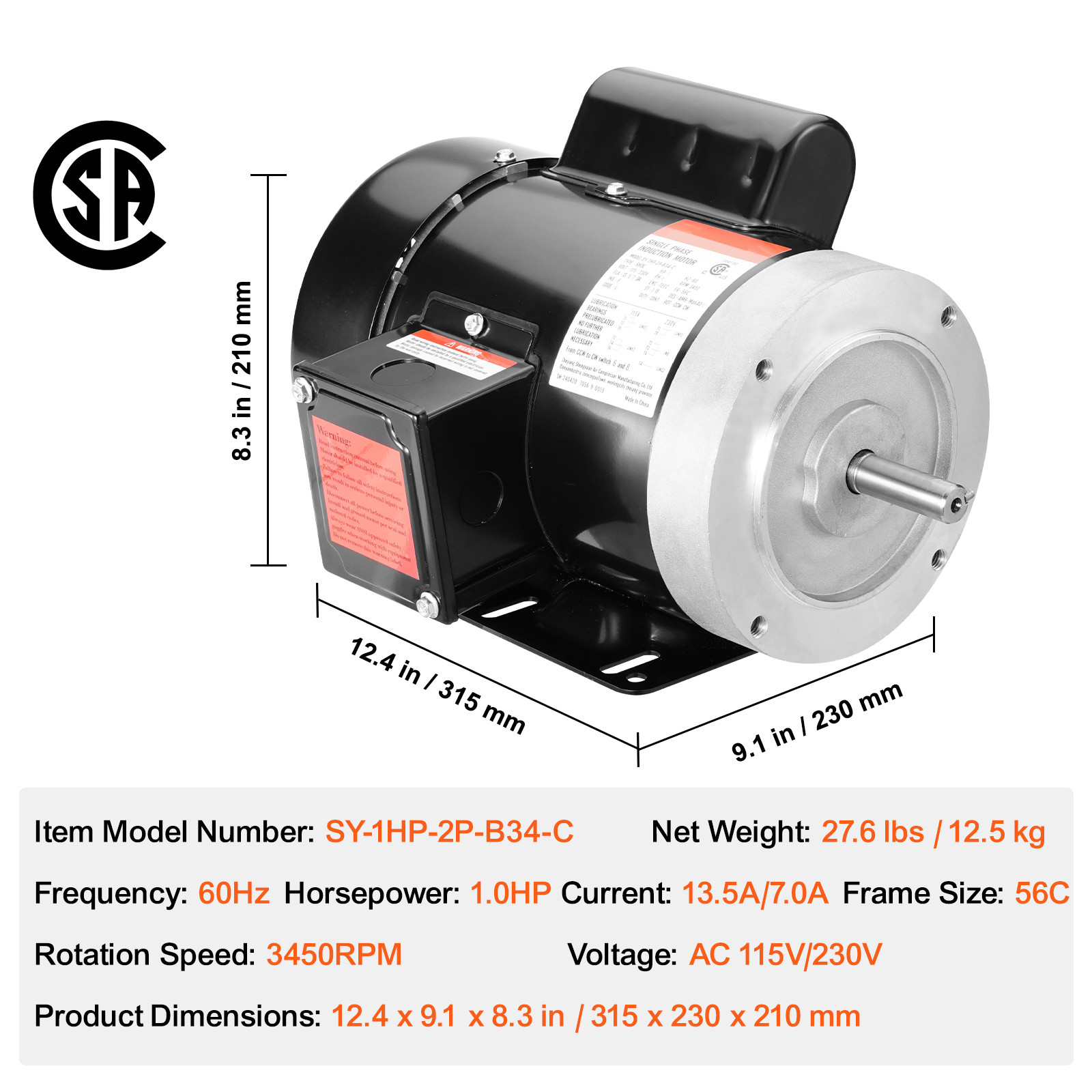 VEVOR 1HP Electric Motor 3450RPM AC115V/230V 56C Frame 1-Phase 5/8″ Keyed Shaft
