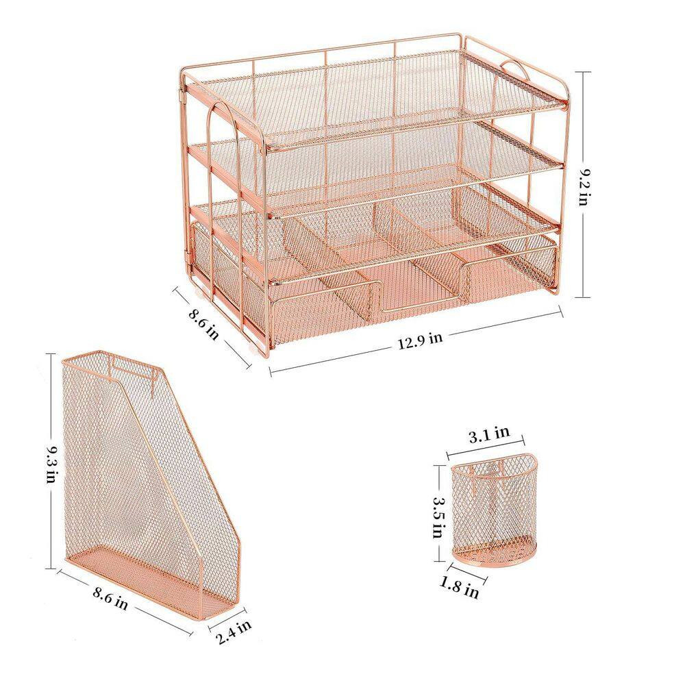 15.5 in X 9.3 in Pink Metal 4-Tier Desktop File Organizer with Drawer and 2 Pen