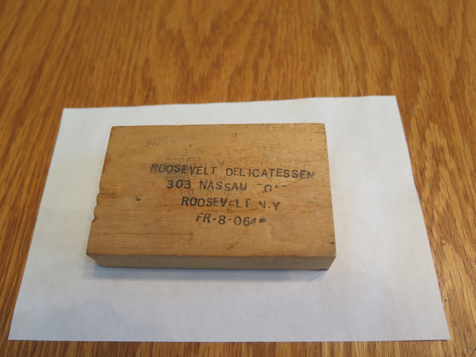 Vintage Wooden Business Card Holder Roosevelt Delicatessen Nassau Rd NY Slogan