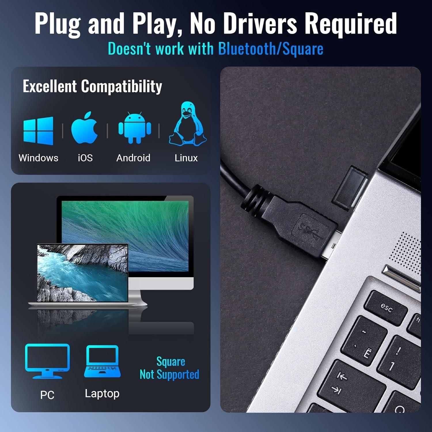 Tera 5100 Wireless 1D Barcode Scanner USB Cordless Reader