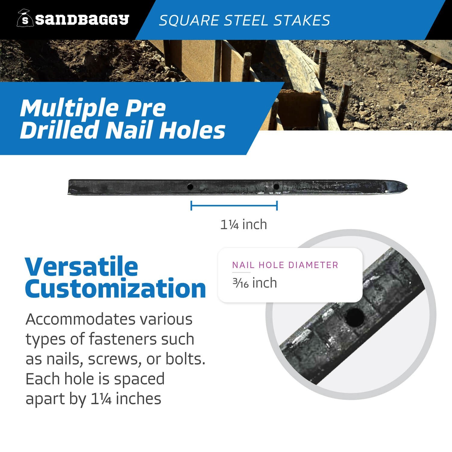 Sandbaggy 5/8″ x 18″ Square Steel Concrete Form Stakes w/ Nail Holes – Rebar Pin