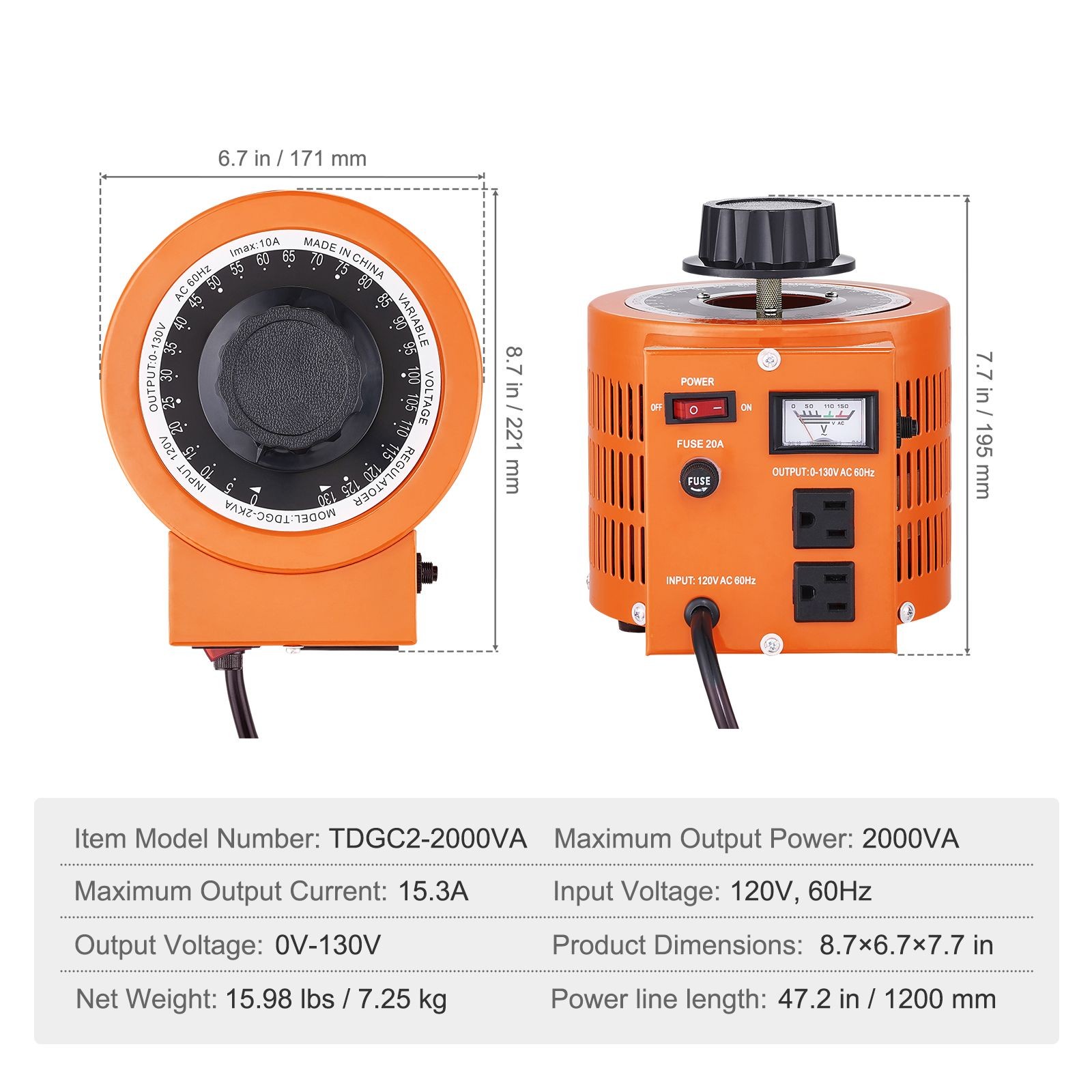 2000VA Auto Variable Voltage Transformer 0-130V 110V Input