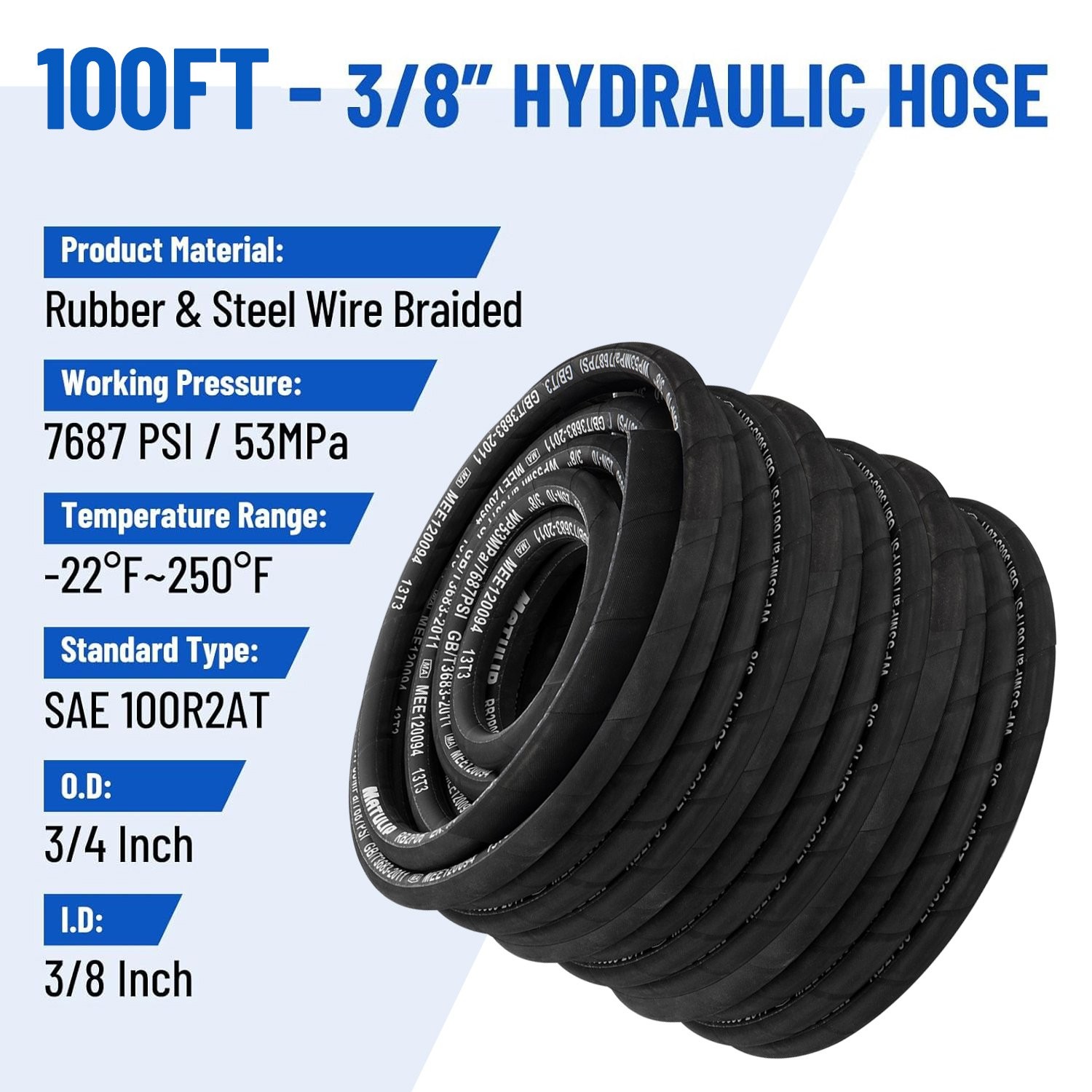 50FT 3/8″ Hydraulic Hose with 16PCS Hydraulic Hose Fittings, 2-Wire Braided Tube