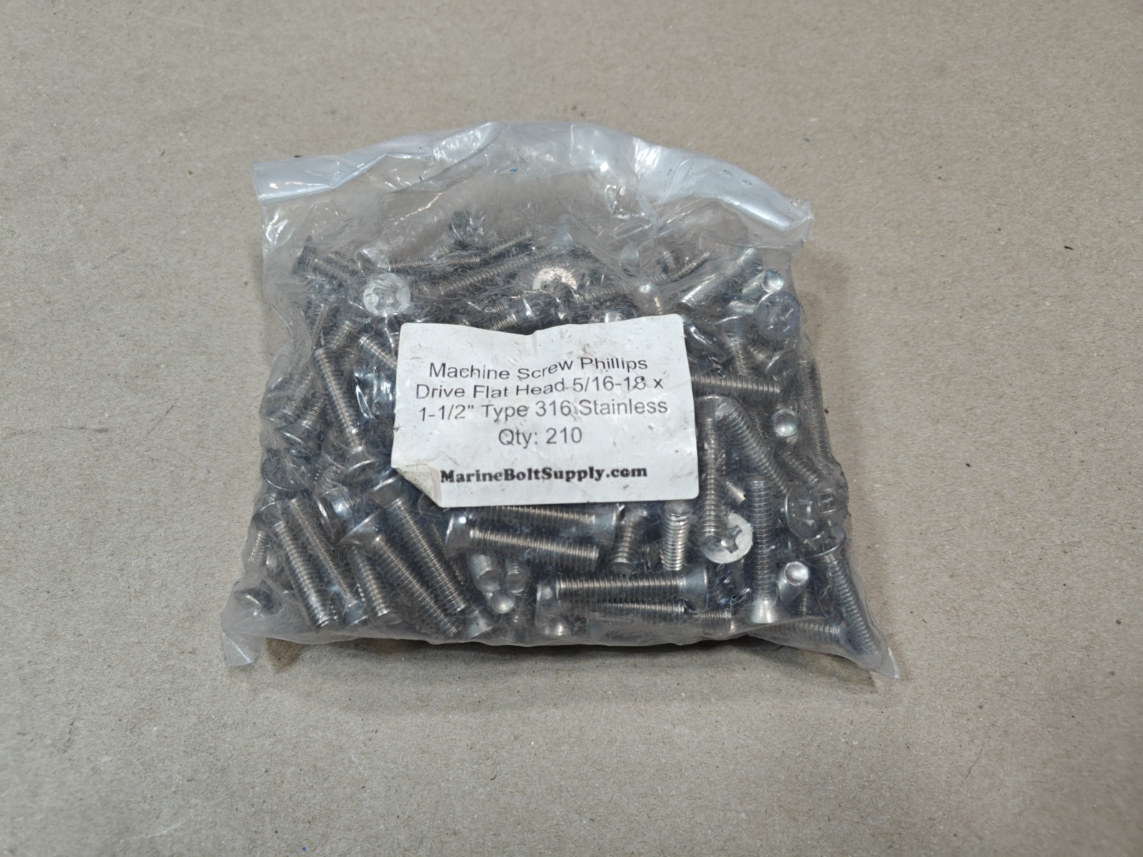 Machine Screw Phillips Drive Flat Head 5/16-18 x 1-1/2” 316 Stainless, 210Pcs