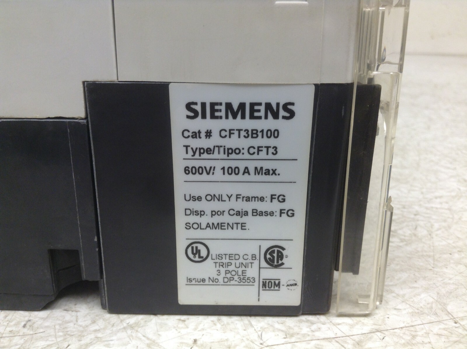 Siemens CFT3B100 3 Pole 100 Amp 600 V 250 VDC Breaker NFG3F250 NFGA (VT)