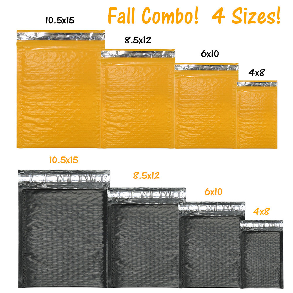 4 Sizes Orange, Black Poly Bubble Mailer Combo, Fall Holiday NEW Padded Envelope