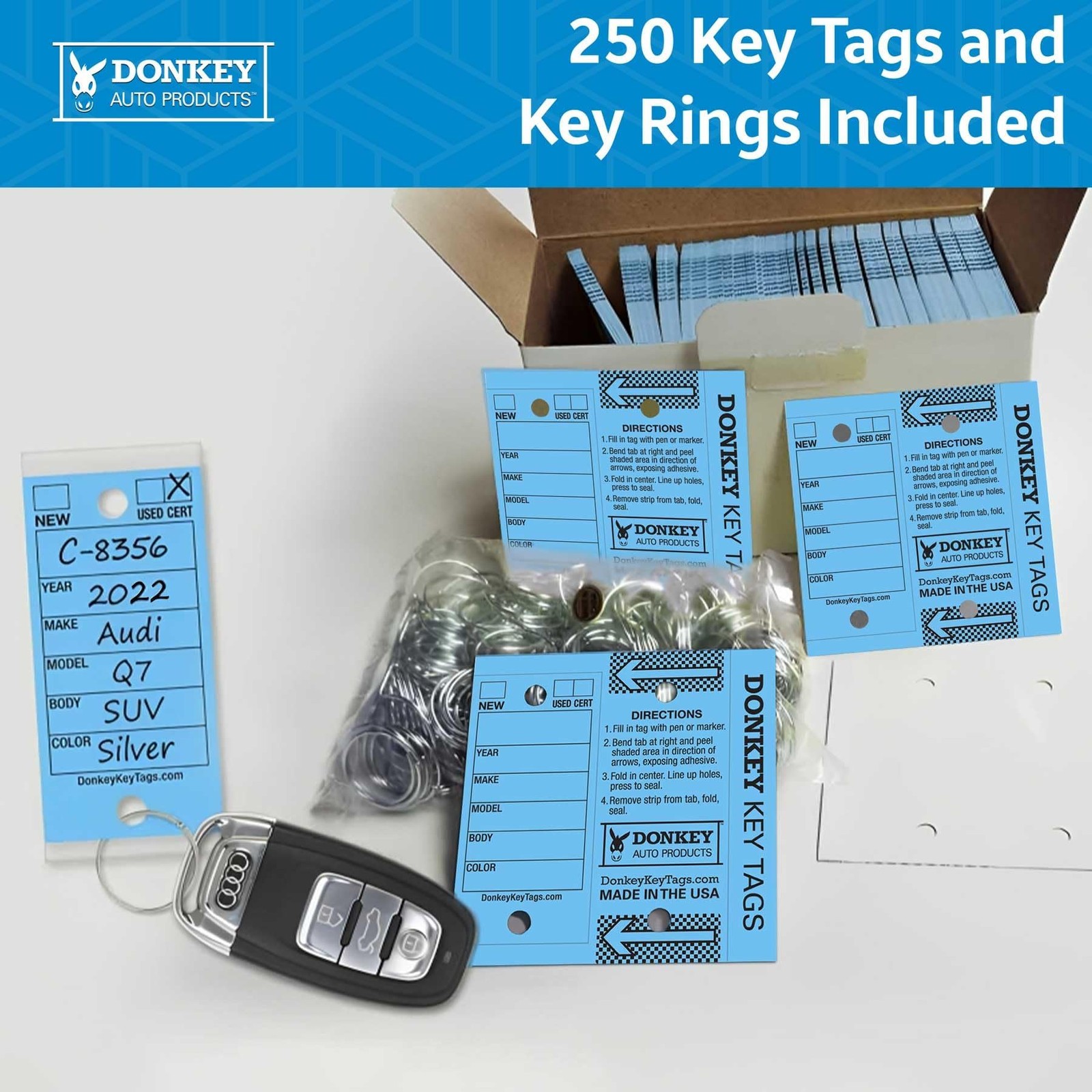 Donkey Key Tags, Laminated Self-Protecting (250 Tags per Box with Metal Rings) (